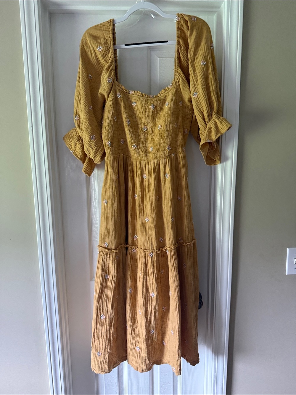 Smocked Square-Neck Midi Dress in Mustard Yellow